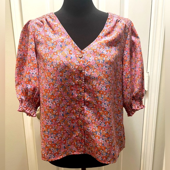 Sanctuary Feminine Floral Pink Puff Sleeve Button Down Blouse - Picture 1 of 5